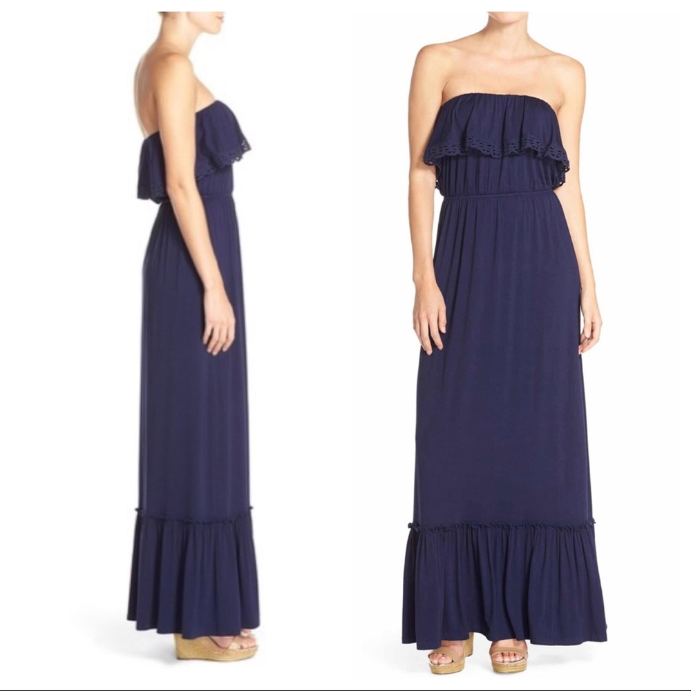 Felicity & Coco Ruffles Strapless Maxi Dress Navy
